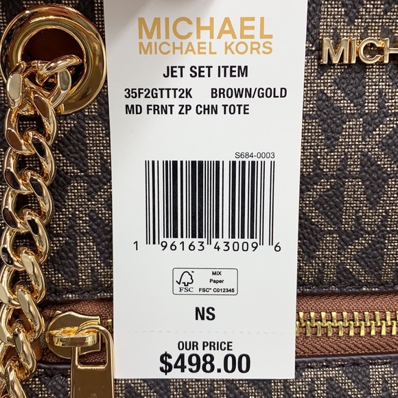 MICHAEL KORS Metallic Logo Chain Tote Bag & LARGE DOUBLE ZIP WRISTLET WALLET - Picture 4 of 16